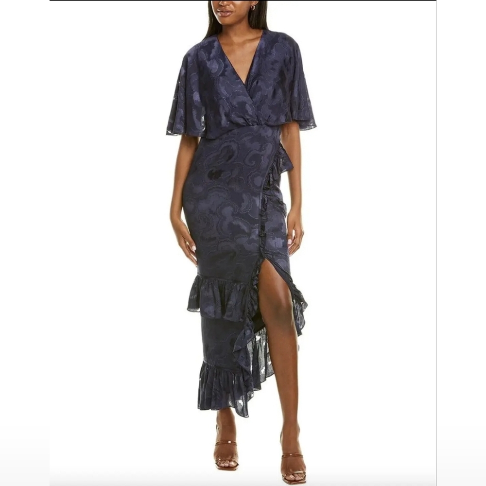 Saloni Dress 0 Navy Floral Midi Silk Romantic Peasant Boho Grunge Formal Wedding